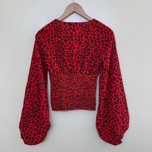 Charlie Holiday Penelope Smocked Leopard-Print Womens Top XS / 2 Red - Picture 3 of 12